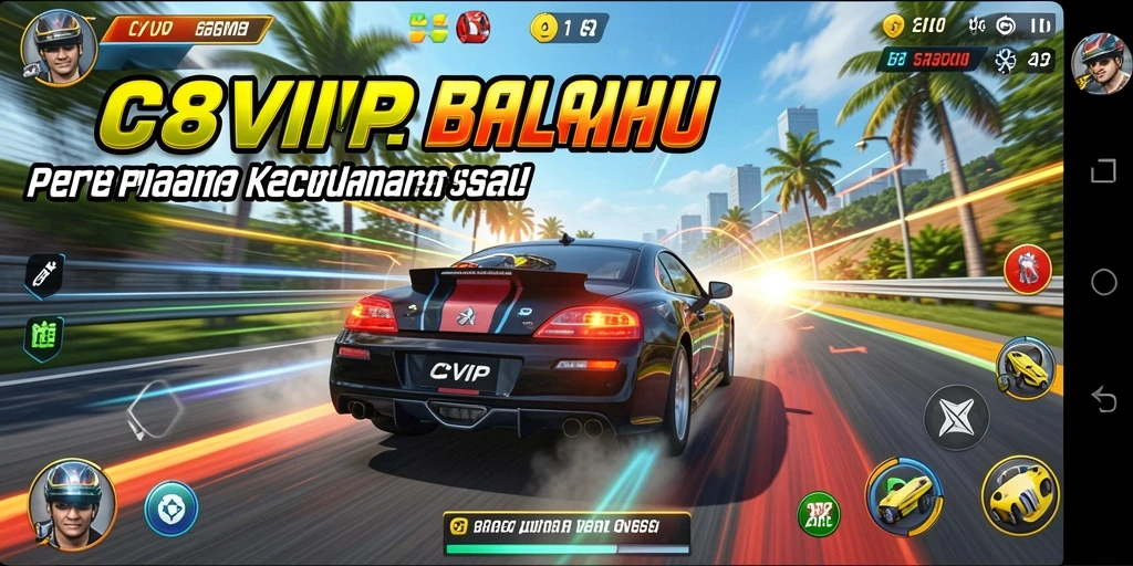 Tampilan gameplay menarik dari C8VIP dengan mobil balap yang cepat dan trek yang menantang.
