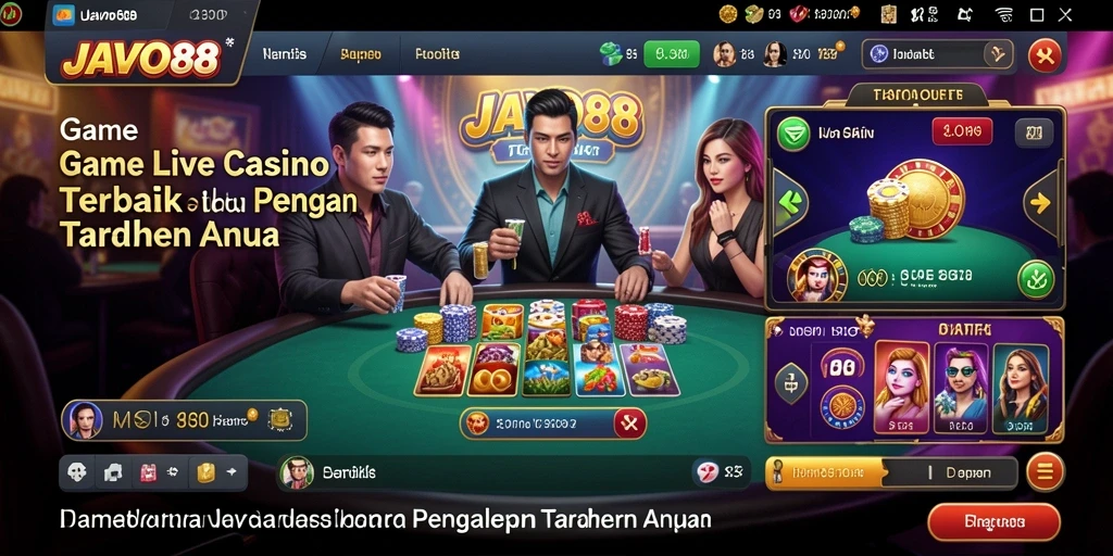 Screenshot utama JAVO88 menampilkan dealer langsung dan suasana kasino yang hidup.
