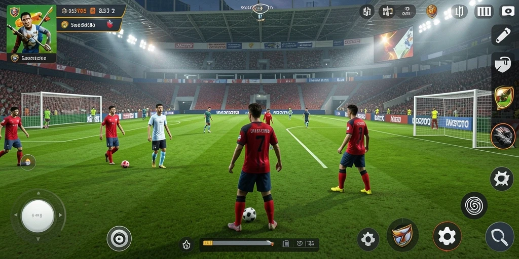 Screenshot permainan KASTOTO menunjukkan aksi sepak bola yang mendebarkan.