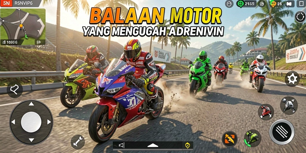 Screenshot RSNVIP6 menampilkan aksi balapan motor yang mendebarkan.