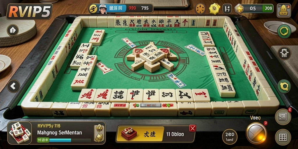 Screenshot menampilkan gameplay seru di RVIP5 dengan antarmuka Mahjong yang menawan.