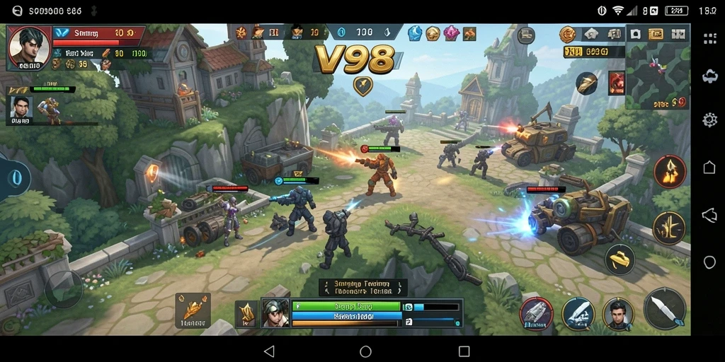 Tangkapan layar utama V98 menampilkan pertempuran yang mendebarkan dalam gameplay SLG.
